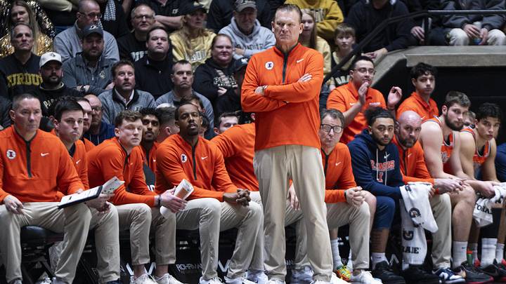 Jan 24, 2026; West Lafayette, Indiana, USA; Illinois Fighting Illini head coach Brad Underwood looks at a referee during the first half of a game against the Purdue Boilermakers at Mackey Arena. Mandatory Credit: Jacob Musselman-Imagn Images