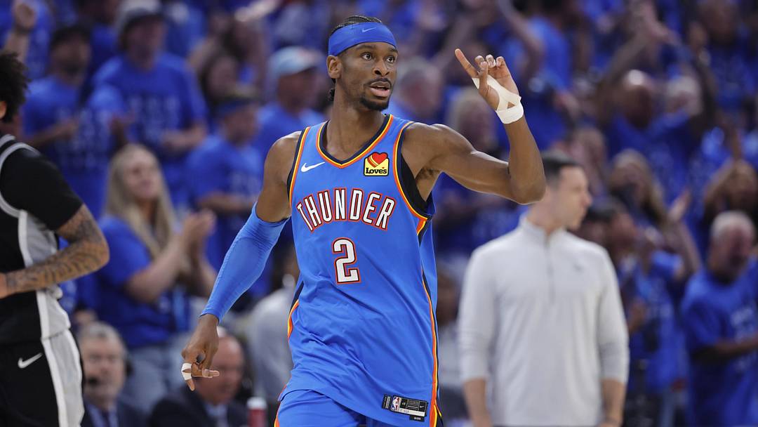 May 30, 2026; Oklahoma City, Oklahoma, USA; Oklahoma City Thunder guard Shai Gilgeous-Alexander (2) reacts in the second quarter against the San Antonio Spurs during game seven of the western conference finals for the 2026 NBA playoffs at Paycom Center. Mandatory Credit: Alonzo Adams-Imagn Images