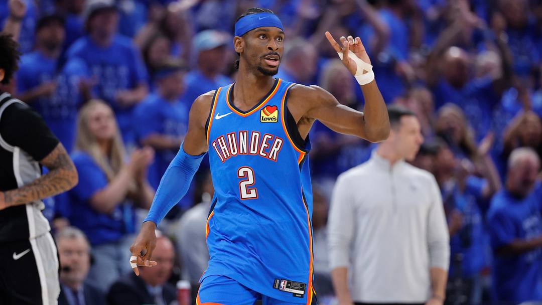 May 30, 2026; Oklahoma City, Oklahoma, USA; Oklahoma City Thunder guard Shai Gilgeous-Alexander (2) reacts in the second quarter against the San Antonio Spurs during game seven of the western conference finals for the 2026 NBA playoffs at Paycom Center.