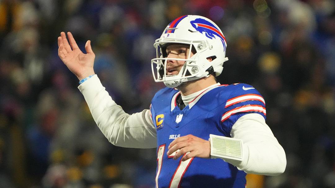 Jan 15, 2024; Orchard Park, New York, USA; Buffalo Bills quarterback Josh Allen (17) reacts to play in the second half against the Pittsburgh Steelers in a 2024 AFC wild card game at Highmark Stadium. Mandatory Credit: Kirby Lee-Imagn Images