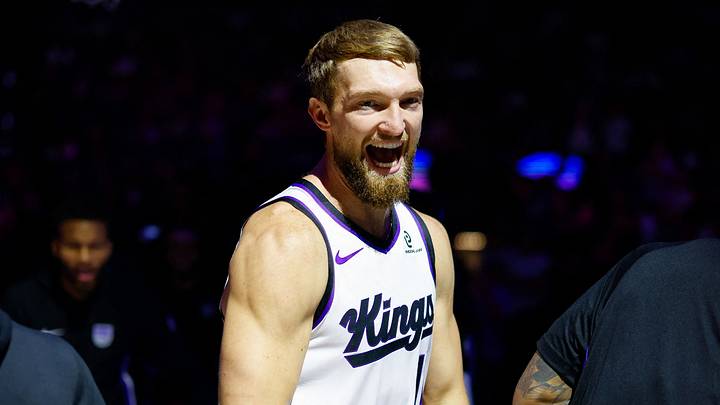 Oct 8, 2025; Sacramento, California, USA; Sacramento Kings forward/center Domantas Sabonis (11) is introduced during player introductions before the game against the Toronto Raptors at Golden 1 Center. Mandatory Credit: Sergio Estrada-Imagn Images