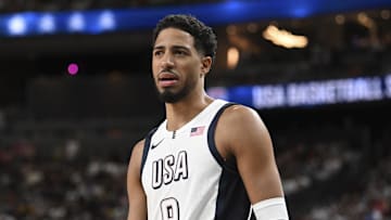 Jul 10, 2024; Las Vegas, Nevada, USA; USA guard Tyrese Haliburton (9) looks on in the third quarter against Canada in the USA Basketball Showcase at T-Mobile Arena. Mandatory Credit: Candice Ward-Imagn Images