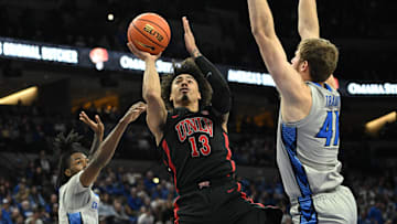 UNLV Rebels guard Brooklyn Hicks (13) attempts a shot against Creighton Bluejays forward Isaac Traudt (41) in the first half at CHI Health Center Omaha. 