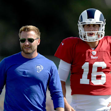 Jul 30, 2019; Irvine, CA, USA; Los Angeles Rams coach Sean McVay (left) and quarterback Jared Goff (16) during training camp at UC Irvine. Mandatory Credit: Kirby Lee-Imagn Images