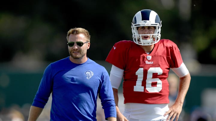 Jul 30, 2019; Irvine, CA, USA; Los Angeles Rams coach Sean McVay (left) and quarterback Jared Goff (16) during training camp at UC Irvine. Mandatory Credit: Kirby Lee-Imagn Images Jul 30, 2019; Irvine, CA, USA; Los Angeles Rams coach Sean McVay (left) and quarterback Jared Goff (16) during training camp at UC Irvine. Mandatory Credit: Kirby Lee-Imagn Images