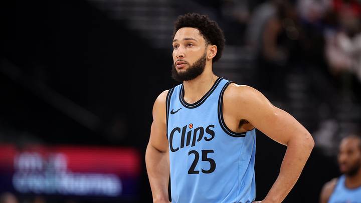 Los Angeles Clippers guard Ben Simmons (25) looks on during the first half against the Dallas Mavericks at Intuit Dome on Apr. 5, 2025.