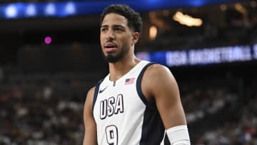 Jul 10, 2024; Las Vegas, Nevada, USA; USA guard Tyrese Haliburton (9) looks on in the third quarter against Canada in the USA Basketball Showcase at T-Mobile Arena. Mandatory Credit: Candice Ward-USA TODAY Sports