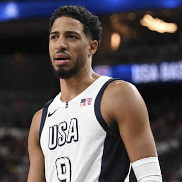 Jul 10, 2024; Las Vegas, Nevada, USA; USA guard Tyrese Haliburton (9) looks on in the third quarter against Canada in the USA Basketball Showcase at T-Mobile Arena. Mandatory Credit: Candice Ward-Imagn Images