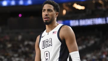 Jul 10, 2024; Las Vegas, Nevada, USA; USA guard Tyrese Haliburton (9) looks on in the third quarter against Canada in the USA Basketball Showcase at T-Mobile Arena. Mandatory Credit: Candice Ward-USA TODAY Sports