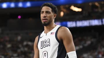 Jul 10, 2024; Las Vegas, Nevada, USA; USA guard Tyrese Haliburton (9) looks on in the third quarter against Canada in the USA Basketball Showcase at T-Mobile Arena. Mandatory Credit: Candice Ward-USA TODAY Sports