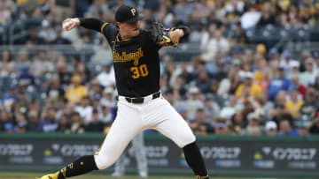 Jun 5, 2024; Pittsburgh, Pennsylvania, USA;  Pittsburgh Pirates starting pitcher Paul Skenes (30) delivers a pitch against the Los Angeles Dodgers during the first inning at PNC Park. Mandatory Credit: Charles LeClaire-USA TODAY Sports