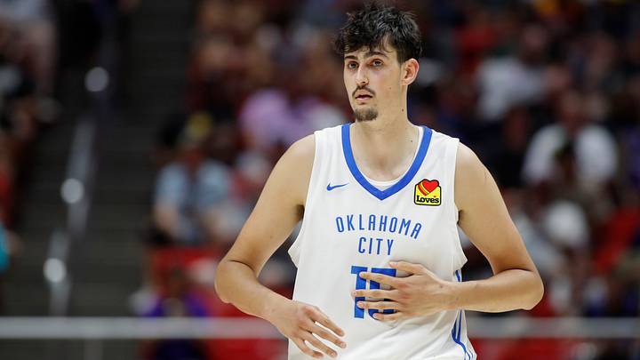 Aday Mara #15 of the Oklahoma City Thunder runs down the court against the Memphis Grizzlies during the second half at the 2026 NBA Salt Lake City SL.