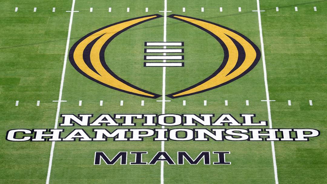 Jan 19, 2026; Miami Gardens, FL, USA; The CFP National Championship college football game logo at midfield at Hard Rock Stadium. Mandatory Credit: Kirby Lee-Imagn Images