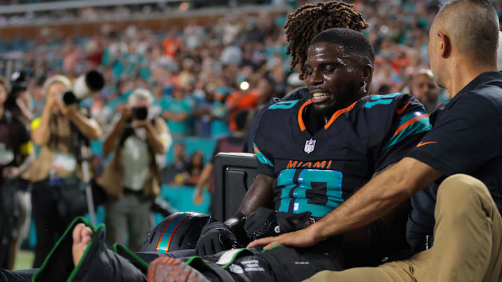 Dolphins receiver Tyreek Hill suffered a season-ending knee injury. Dolphins receiver Tyreek Hill suffered a season-ending knee injury.