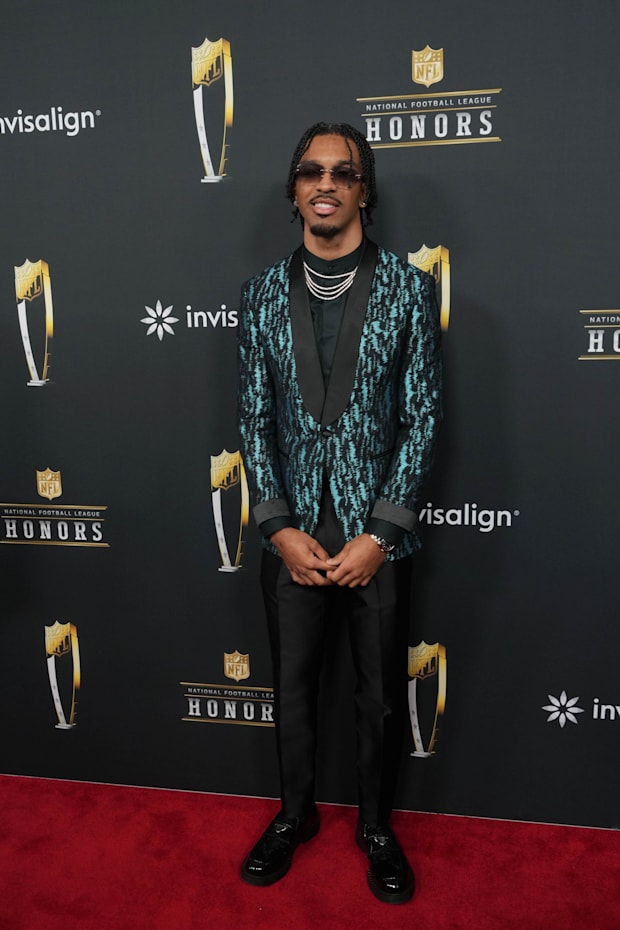 Jayden Daniels on the red carpet before Super Bowl LIX NFL Honors at Saenger Theatre