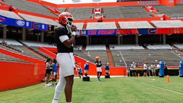 Florida Gators quarterback DJ Lagway (2) looks on during fall football practice at Ben Hill Griffin Stadium at the University of Florida in Gainesville, FL on Saturday, August 2, 2025. [Matt Pendleton/Gainesville Sun]