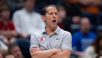 Arkansas Razorbacks head coach Eric Musselman works the referees against South Carolina during their second round game of the SEC Men's Basketball Tournament at Bridgestone Arena in Nashville, Tenn., Thursday, March 14, 2024.