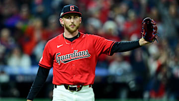Oct 19, 2024; Cleveland, Ohio, USA; Cleveland Guardians pitcher Tanner Bibee (28) reacts after a double play during the fifth inning during game five of the ALCS for the 2024 MLB playoffs at Progressive Field.