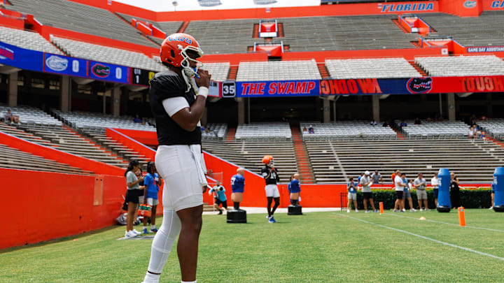 Florida Gators quarterback DJ Lagway (2) looks on during fall football practice at Ben Hill Griffin Stadium at the University of Florida in Gainesville, FL on Saturday, August 2, 2025. [Matt Pendleton/Gainesville Sun]