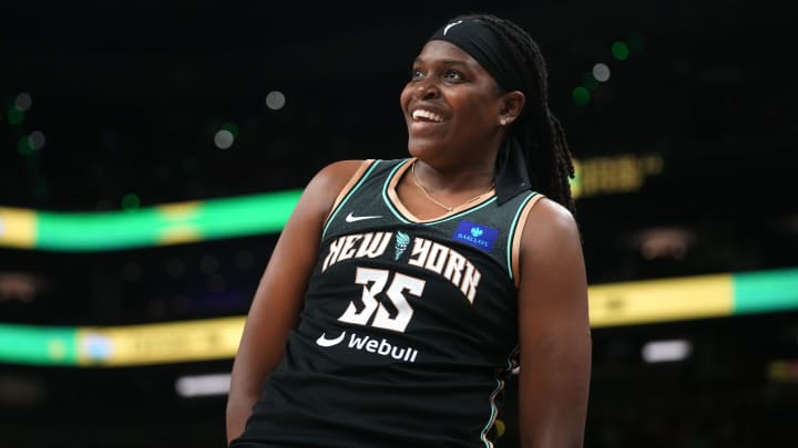 New York Liberty center Jonquel Jones reacts to her shot during the WNBA All-Star Game 3-point contest at Footprint Center in Phoenix on Friday, July 19, 2024.