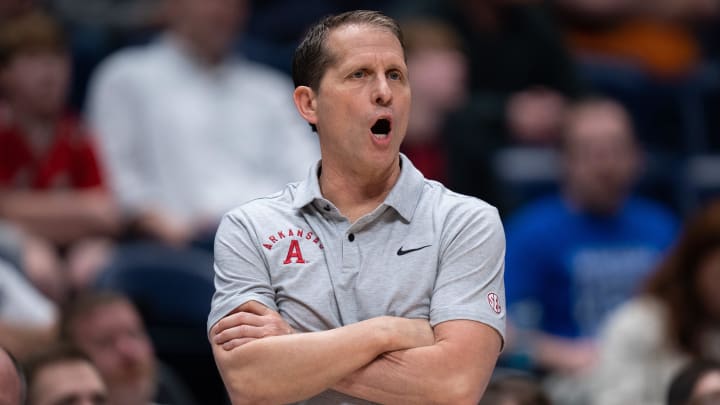 Arkansas Razorbacks head coach Eric Musselman works the referees against South Carolina during their second round game of the SEC Men's Basketball Tournament at Bridgestone Arena in Nashville, Tenn., Thursday, March 14, 2024.