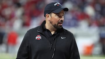 Dec 6, 2025; Indianapolis, IN, USA; Ohio State Buckeyes head coach Ryan Day looks on before the 2025 Big Ten championship game against the Indiana Hoosiers at Lucas Oil Stadium. Mandatory Credit: Trevor Ruszkowski-Imagn Images
