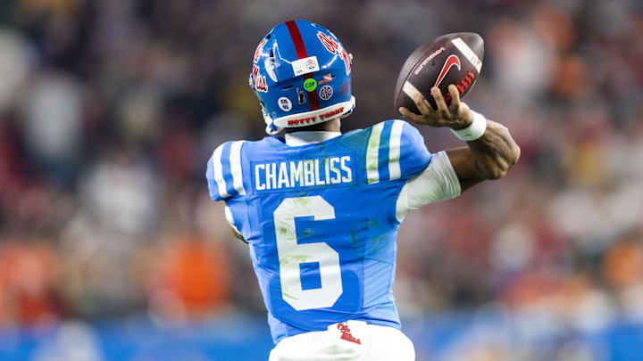 Jan 8, 2026; Glendale, AZ, USA; Detailed view of the jersey of Mississippi Rebels quarterback Trinidad Chambliss (6) against the Miami Hurricanes during the 2026 Fiesta Bowl and semifinal game of the College Football Playoff at State Farm Stadium. Mandatory Credit: Mark J. Rebilas-Imagn Images