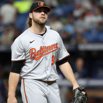 Jun 10, 2024; St. Petersburg, Florida, USA;  Baltimore Orioles pitcher Corbin Burnes (39) walks back to the dugout against the Tampa Bay Rays at the end of the first inning at Tropicana Field.
