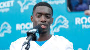 Detroit Lions cornerback Terrion Arnold (0) answers a question during rookie minicamp at Detroit Lions headquarters and practice facility in Allen Park on Friday, May 10, 2024.