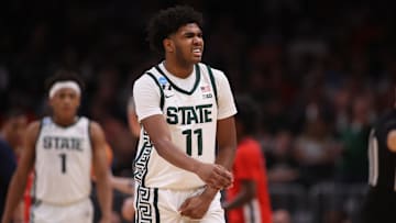 Mar 28, 2025; Atlanta, GA, USA; Michigan State Spartans guard Jase Richardson (11) reacts after a play in the second half of a South Regional semifinal of the 2025 NCAA tournament against the Mississippi Rebels at State Farm Arena. Mandatory Credit: Brett Davis-Imagn Images
