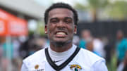 Jul 23, 2025; Jacksonville, FL, USA; Jacksonville Jaguars cornerback Jarrian Jones (22) looks on after training camp at Miller Electric Center. Mandatory Credit: Nathan Ray Seebeck-Imagn Images