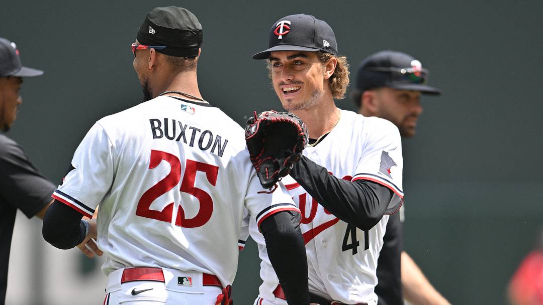 Jun 22, 2023; Minneapolis, Minnesota, USA; Minnesota Twins starting pitcher Joe Ryan (41) and designated hitter Byron Buxton (25) react after the game against the Boston Red Sox at Target Field. Mandatory Credit: Jeffrey Becker-USA TODAY Sports