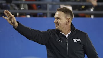 Dec 17, 2022; Frisco, Texas, USA;  New North Texas Mean Green head coach Eric Morris reacts on the sidelines during a game against the Boise State Broncos at Toyota Stadium. Mandatory Credit: Tim Heitman-Imagn Images