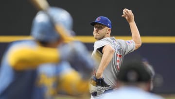 Jun 28, 2024; Milwaukee, Wisconsin, USA;  Chicago Cubs pitcher Jameson Taillon (50) throws a pitch during the first inning against the Milwaukee Brewers at American Family Field. Mandatory Credit: Jeff Hanisch-USA TODAY Sports