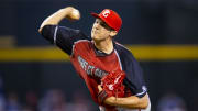 Aug 28, 2022; Phoenix, Arizona, US; West pitcher Travis Sykora (17) during the Perfect Game All-American Classic high school baseball game at Chase Field. 