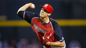 Aug 28, 2022; Phoenix, Arizona, US; West pitcher Travis Sykora (17) during the Perfect Game All-American Classic high school baseball game at Chase Field. 