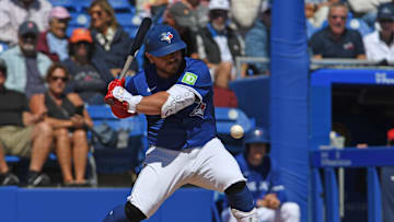 Alejandro Kirk at the plate for the Toronto Blue Jays in 2025 spring training.