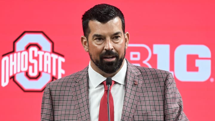 Jul 23, 2024; Indianapolis, IN, USA; Ohio State Buckeyes head coach Ryan Day speaks to the media during the Big 10 football media day at Lucas Oil Stadium. Mandatory Credit: Robert Goddin-USA TODAY Sports