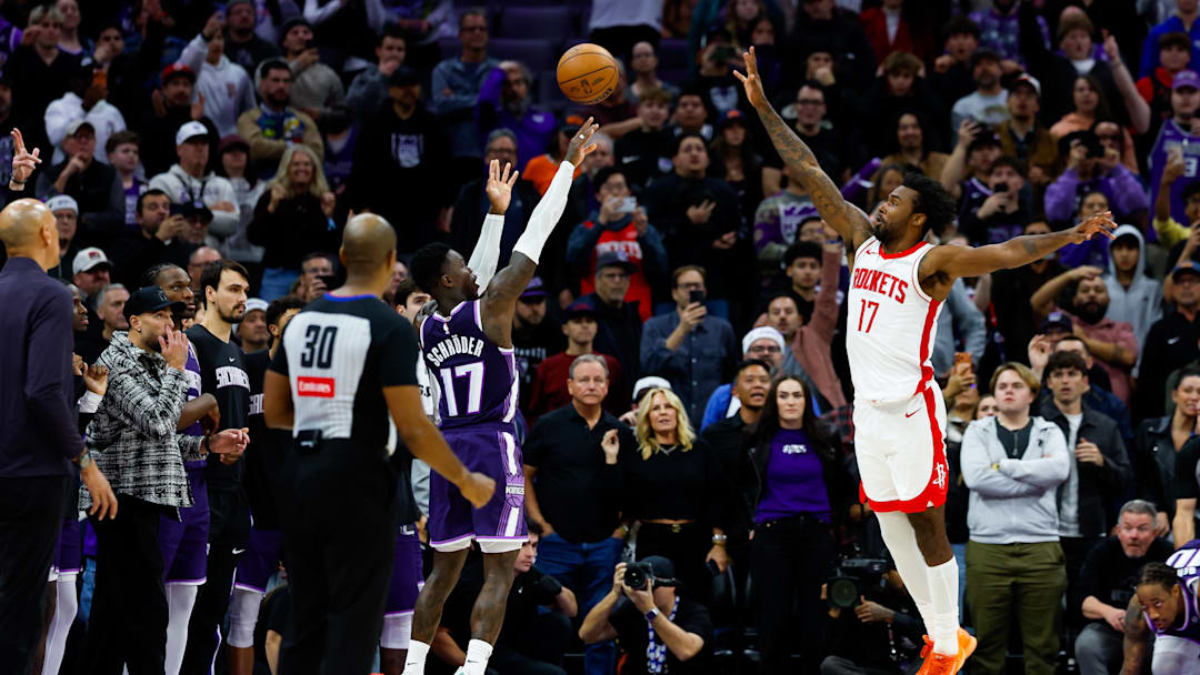 Dec 21, 2025; Sacramento, California, USA; Sacramento Kings guard Dennis Schroder (17) scores a basket in overtime against the Houston Rockets at Golden 1 Center. Mandatory Credit: Sergio Estrada-Imagn Images