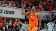 Oklahoma State Cowboys forward Abou Ousmane (33) celebrates after making a basket during a college basketball game between the Oklahoma State Cowboys (OSU) and the Green Bay Phoenix at Gallagher-Iba Arena in Stillwater, Okla., Monday, Nov. 4, 2024.