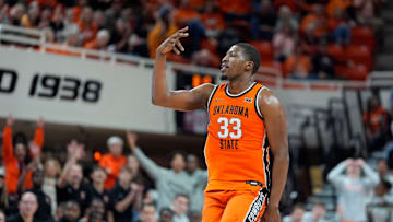 Oklahoma State Cowboys forward Abou Ousmane (33) celebrates after making a basket during a college basketball game between the Oklahoma State Cowboys (OSU) and the Green Bay Phoenix at Gallagher-Iba Arena in Stillwater, Okla., Monday, Nov. 4, 2024.