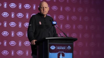 Jul 23, 2024; Charlotte, NC, USA;  Stanford head coach Troy Taylor answers questions from the media during the ACC Kickoff at Hilton Charlotte Uptown. Mandatory Credit: Jim Dedmon-USA TODAY Sports