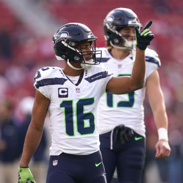 Dec 10, 2023; Santa Clara, California, USA; Seattle Seahawks wide receiver Tyler Lockett (16) stands on the field before the start of the game against the San Francisco 49ers at Levi's Stadium. Mandatory Credit: Cary Edmondson-USA TODAY Sports