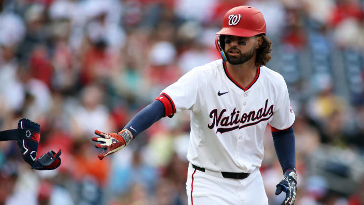 Jun 16, 2024; Washington, District of Columbia, USA; Washington Nationals outfielder Jesse Winker (6) draws a walk during the first inning against the St. Louis Cardinals at Nationals Park. Mandatory Credit: Daniel Kucin Jr.-USA TODAY Sports