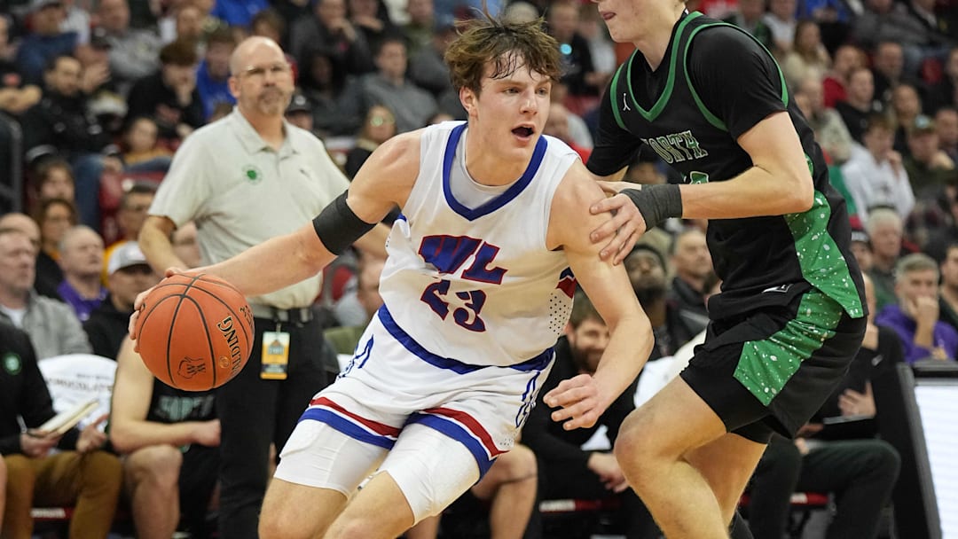 Wisconsin Lutheran's Zavier Zens (23) breaks to the basket versus Oshkosh North during the WIAA Division 1 state semifinal basketball game on Friday, March 21, 2025.