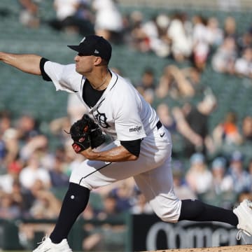 May 23, 2024; Detroit, Michigan, USA;  Detroit Tigers starting pitcher Jack Flaherty (9) pitches in the first inning against the Toronto Blue Jays at Comerica Park. 