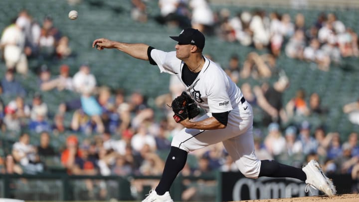 May 23, 2024; Detroit, Michigan, USA;  Detroit Tigers starting pitcher Jack Flaherty (9) pitches in the first inning against the Toronto Blue Jays at Comerica Park. 