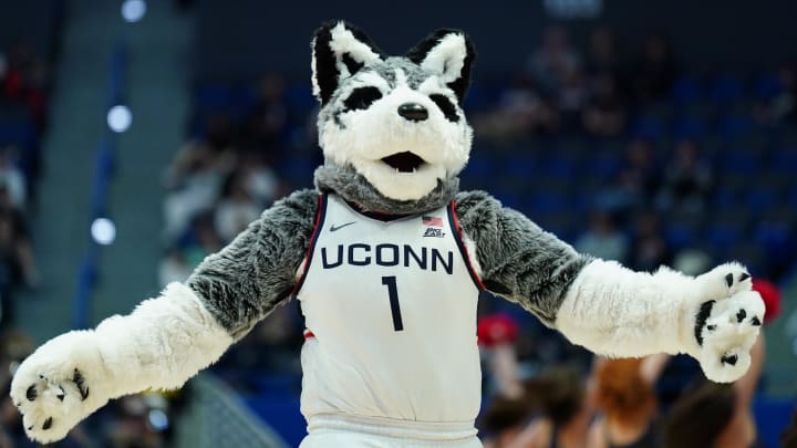 Nov 11, 2023; Hartford, Connecticut, USA; UConn Huskies mascot on the court during a break in the action against the Stonehill Skyhawks in the second half at XL Center. 