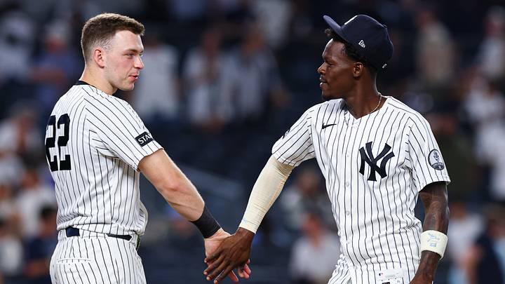 Jul 20, 2026; Bronx, New York, USA; New York Yankees second baseman Jazz Chisholm Jr. (13) celebrates with first baseman Ben Rice (22) after defeating the Pittsburgh Pirates at Yankee Stadium. Mandatory Credit: Vincent Carchietta-Imagn Images