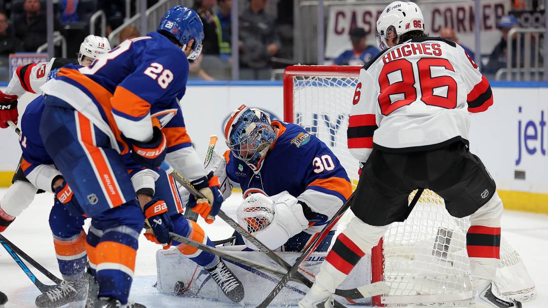 Oct 3, 2026; Elmont, New York, USA; New York Islanders goaltender Ilya Sorokin (30) makes a save against New Jersey Devils center Jack Hughes (86) during the second period at UBS Arena. Mandatory Credit: Brad Penner-Imagn Images Oct 3, 2026; Elmont, New York, USA; New York Islanders goaltender Ilya Sorokin (30) makes a save against New Jersey Devils center Jack Hughes (86) during the second period at UBS Arena. Mandatory Credit: Brad Penner-Imagn Images